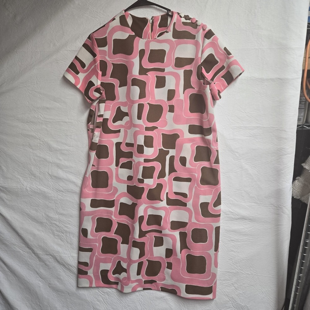 Vintage 60s-70s Polyester Dress Pink Brown Possibly M (Needs Repair)